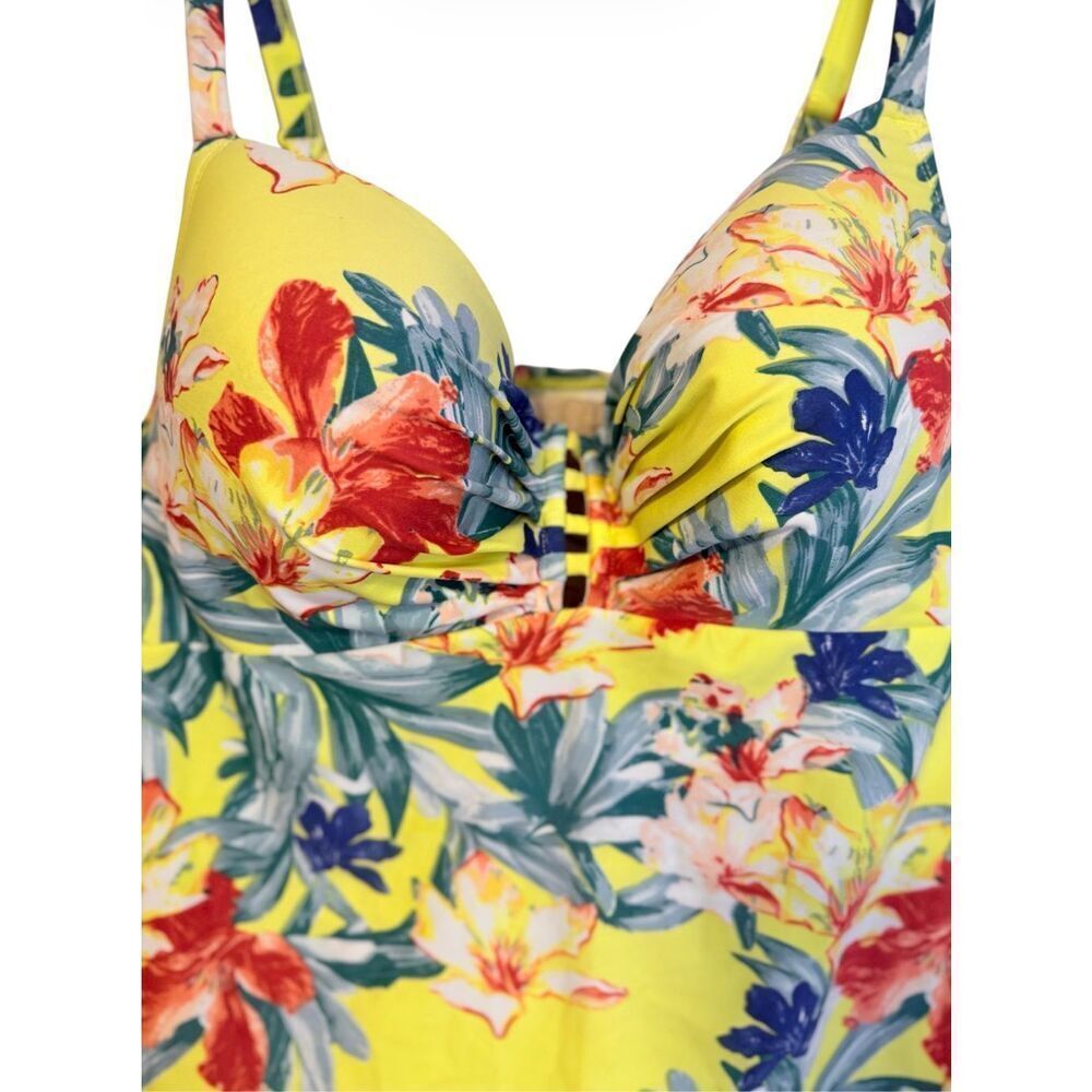 Cacique Women Tankini Swim Top In Yellow Floral Print Lattice Slit Plus Size 40C - Picture 3 of 15